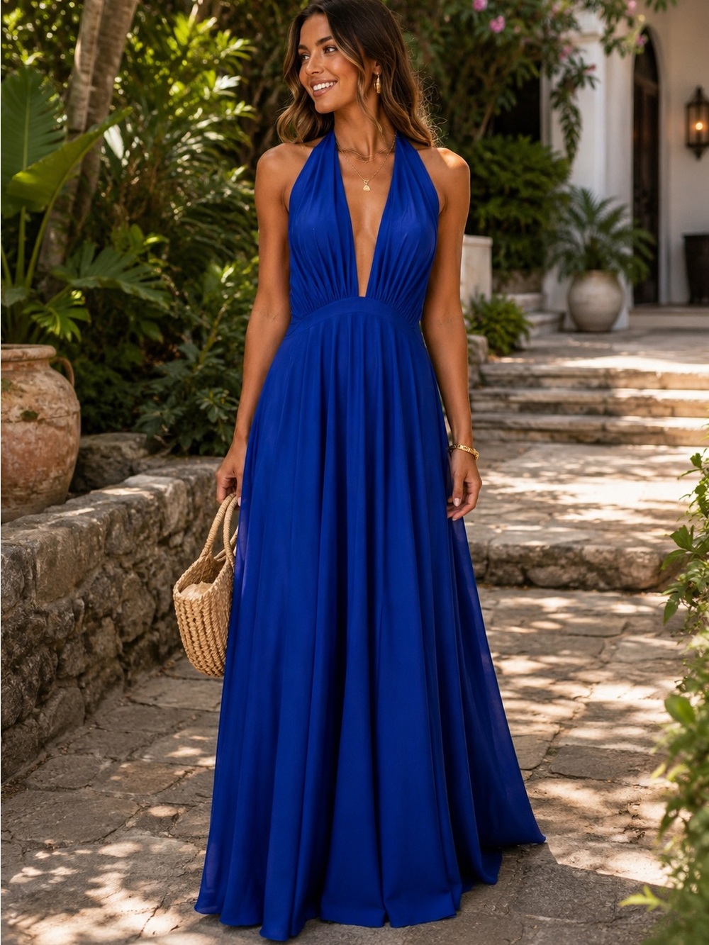 Sherri Hill Royal Blue Halter Plunge Evening Dress Style #: 53577